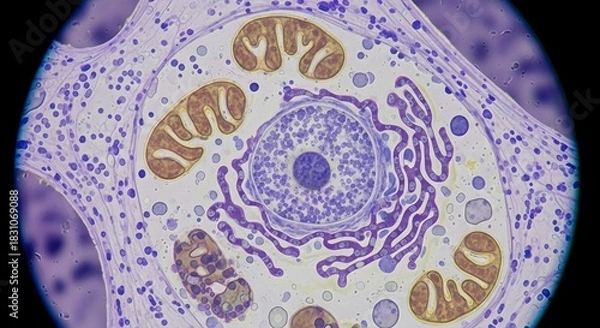 Obraz Microscopic cell biology nucleus mitochondria endoplasmic reticulum ribosomes cytoplasm analysis view