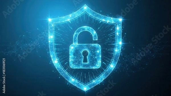 Fototapeta Digital security shield with unlocked padlock icon in glowing blue light