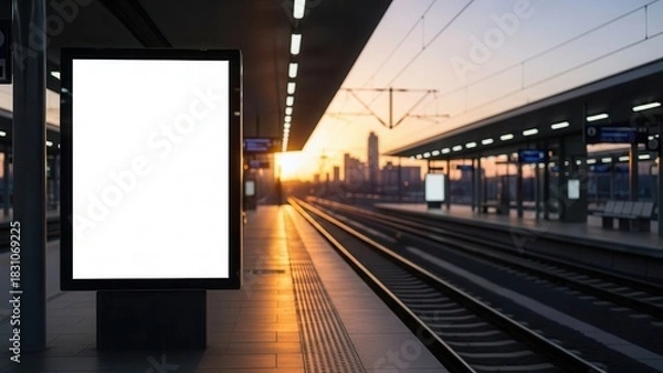 Fototapeta Blank billboard mockup on train station platform at sunset