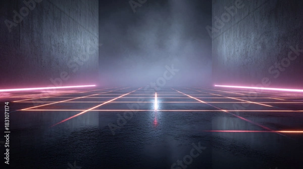 Fototapeta Futuristic Mesh Projection on Concrete Floor