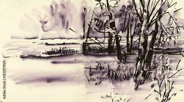 Obraz  Winter landscape. Drawing ink and watercolor.