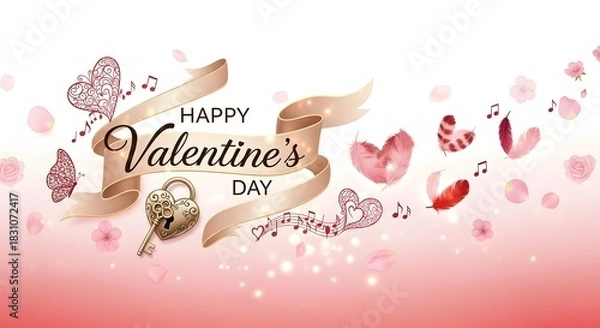 Fototapeta Elegant valentine s day design with hearts butterflies and ribbon on pink background