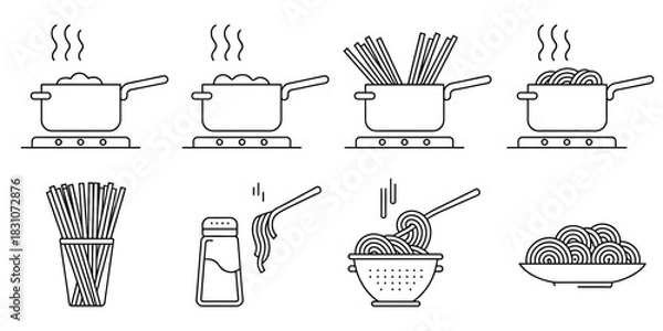 Fototapeta Illustration showing the steps of cooking pasta in a pot on a stove top burner