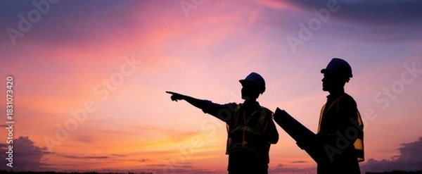 Obraz The Construction Workers Surveying a Building Site at Colorful Sunset with Blueprints