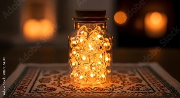 Obraz Warm glowing fairy lights inside glass jar on decorative tablecloth