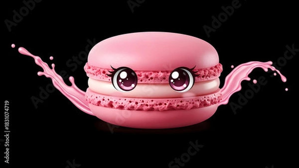Obraz Playful Pink Macaron with Anime Eyes and Liquid Splash