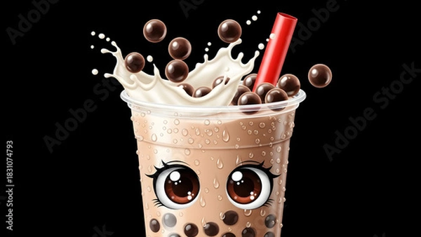 Obraz Cute Bubble Tea with Big Anime Eyes and Tapioca Splash