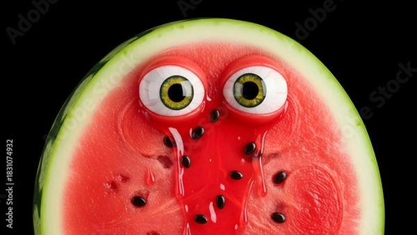 Obraz Funny Watermelon with Realistic Eyes and Red Splash – 3D