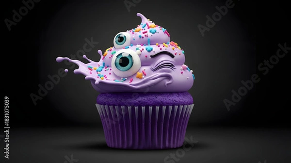 Obraz Kawaii Winking Cupcake Character with Splash – 3D Render