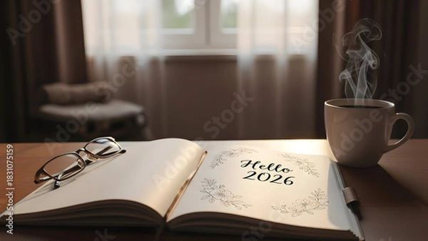 Fototapeta Open planner with hello 2026 message and steaming coffee mug