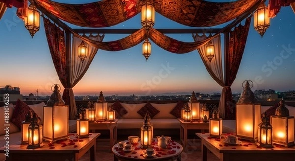 Fototapeta Romantic rooftop dinner setup with lanterns and sunset view in dubai