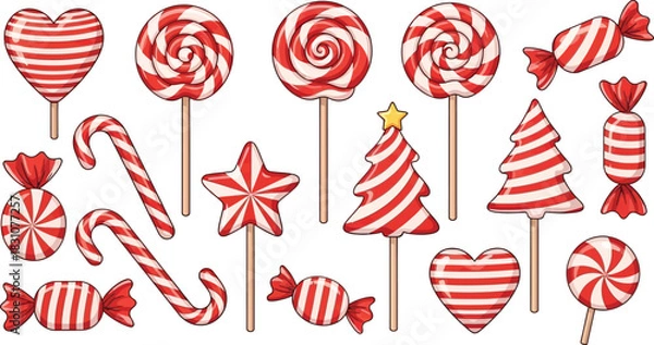 Obraz Collection of Red and White Striped Holiday Candies and Sweets on Transparent Background Vector Illustration