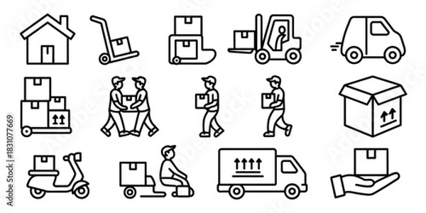 Fototapeta Black outline icons depicting moving and delivery services on a white background