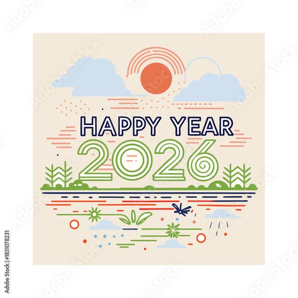 Obraz Happy New Year 2026 Nature Outline Illustration for Greeting Card or Banner