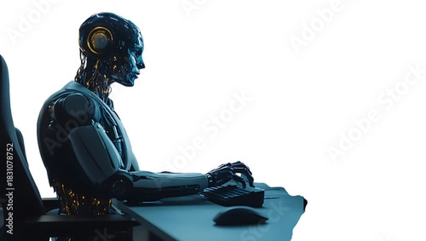 Fototapeta Humanoid robot with metallic body typing on a keyboard in a dark room android isolated on a transparent background