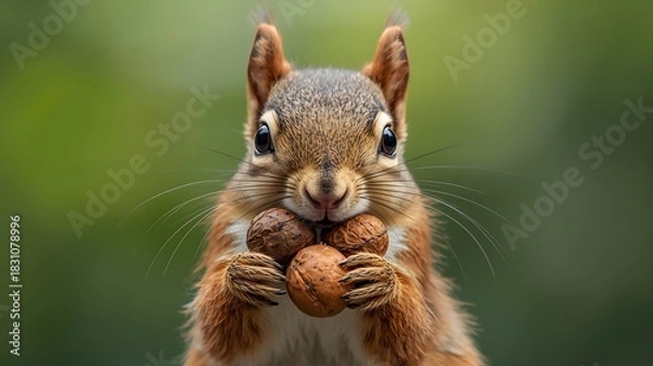 Fototapeta close-up of a cute but realistic squirrel holding a bunch of nuts in its mouth
