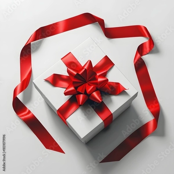 Fototapeta Top-down flat lay of a white gift box with vibrant red satin ribbon, perfect geometric bow, isolated on white and transparent background