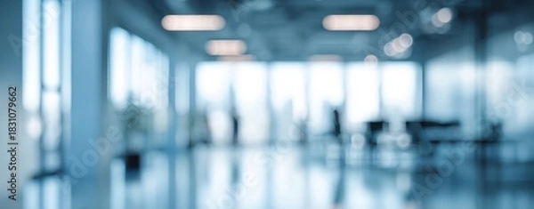 Obraz The office interior with blurred figures and modern glass workspace in soft blue light