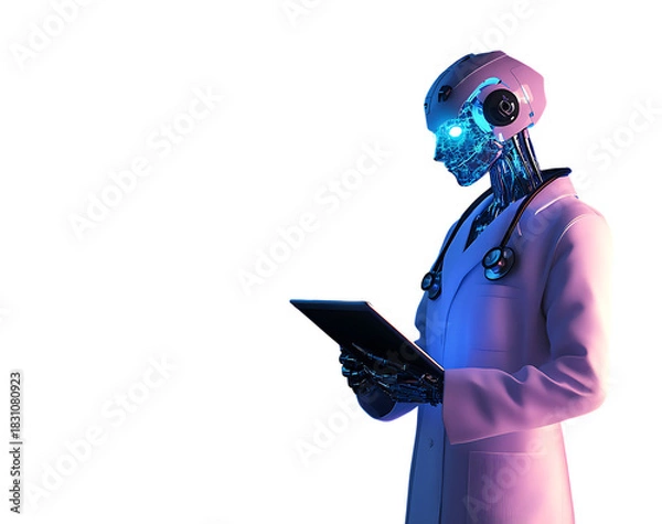 Fototapeta Robot doctor with stethoscope using tablet on background android medical isolated on a transparent background