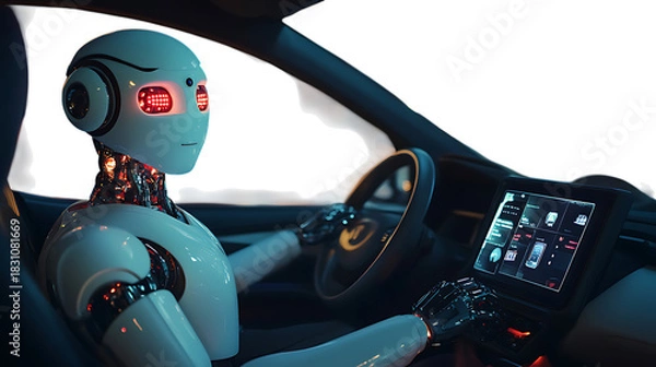 Fototapeta Robot With Red Eyes Driving Car Interior With Digital Dashboard android cyborg isolated on a transparent background
