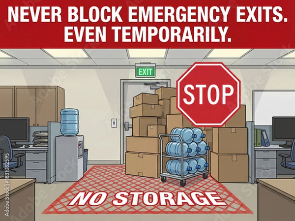 Fototapeta Emergency Exit Blockage Warning: A stark depiction of an office environment highlights the potential hazard of obstructed emergency exits.