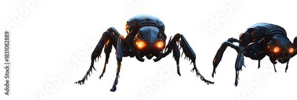 Fototapeta Two Mechanical Spiders with Glowing Orange Eyes on Background robot robotic isolated on a transparent background