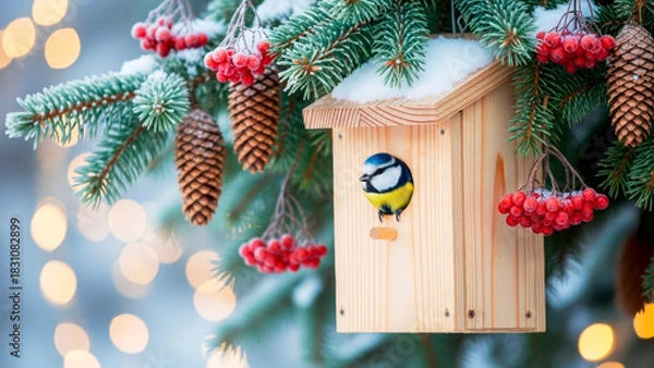 Obraz A cute tit peeks out of a cozy wooden birdhouse among fir branches, cones and red berries. Caring for birds in winter during the cold season