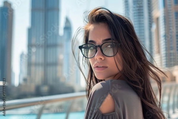 Obraz Confident and sophisticated young woman in modern eyeglasses looks back over her shoulder on an urban bridge with a blurred skyscraper background, fashion city portrait.