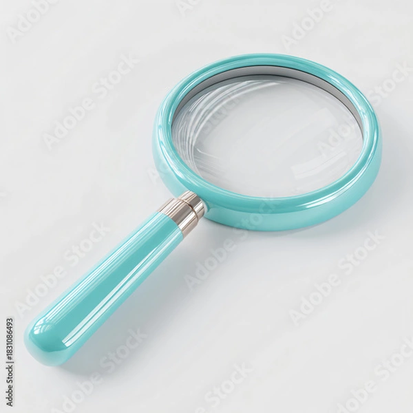 Fototapeta Turquoise magnifying glass on white background for search and investigation