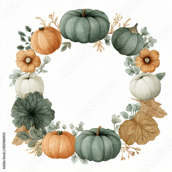 Fototapeta Watercolor autumn wreath with pumpkins, flowers and leaves isolated on white background
