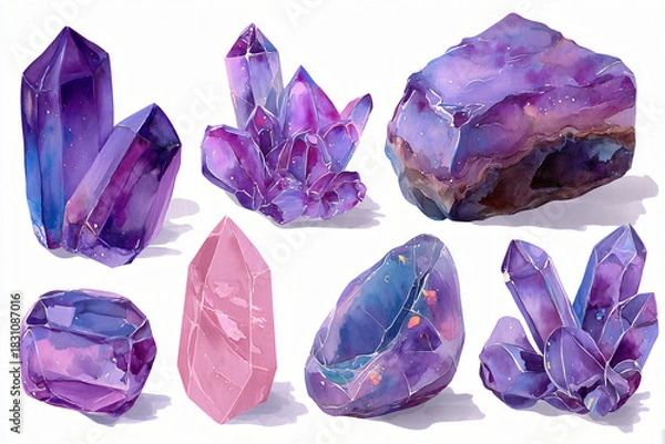 Fototapeta Watercolor amethyst crystals isolated on white background, purple and pink gems