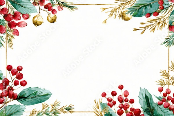 Fototapeta Watercolor christmas frame with red berries, fir branches isolated on white background