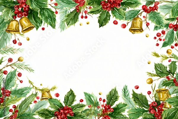 Fototapeta Watercolor christmas frame with holly, berries, fir branches isolated on white background