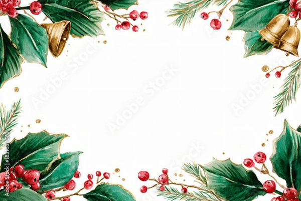 Fototapeta Christmas frame with holly leaves, berries, pine branches isolated on white background