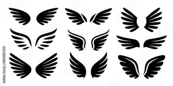 Fototapeta A collection of nine different black and white wing illustrations on white background