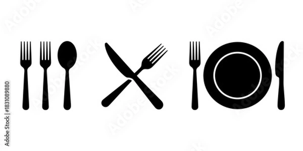 Obraz Black and white image of a place setting with silverware and a plate icon set