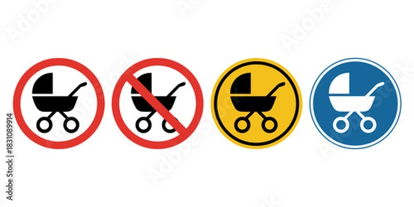 Obraz Four circular signs displaying stroller icons in various colors and configurations