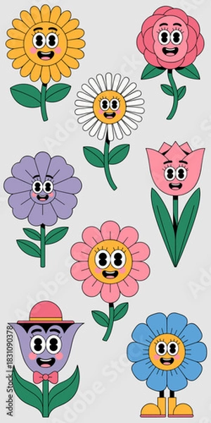 Fototapeta Whimsical collection of happy vintage cartoon flowers and playful botanical characters, illustrated in a cheerful 1930s retro rubber hose style, featuring smiling sun, pink rose, purple tulip, and blu