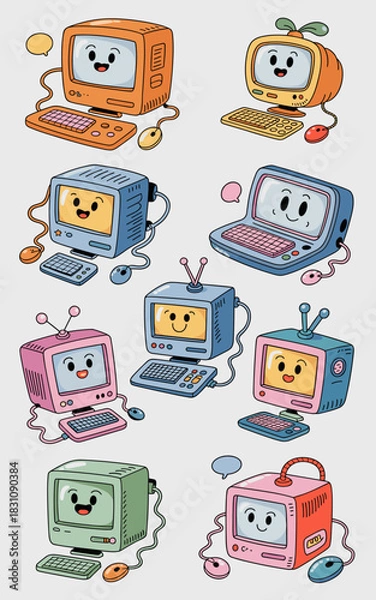Fototapeta Cute kawaii retro cartoon computer characters illustration pattern featuring happy vintage desktop monitors, keyboards, mice, and classic 90s PC hardware doodles perfect for technology, gaming, or edu