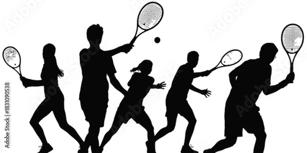Obraz Silhouettes of people playing tennis with rackets and a ball in mid air action
