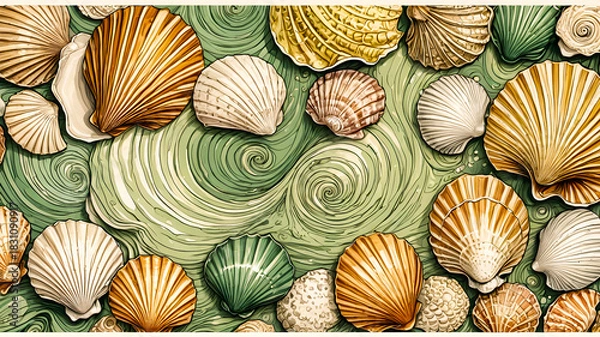 Obraz Seashells in decorative sea waves. Dynamic illustration. Shell background.