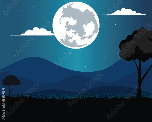 Fototapeta Night landscape with moon. Night sky with full moon, stars and clouds. Moonlit night sky background with stars. Universe background design. Wallpaper, template Vector illustration.