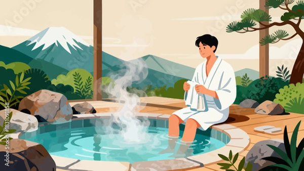 Obraz This serene illustration depicts a woman relaxing in a steaming hot spring (onsen), surrounded by rocks and lush greenery, with a calm, content expression on her face.
