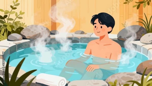 Obraz This serene illustration depicts a woman relaxing in a steaming hot spring (onsen), surrounded by rocks and lush greenery, with a calm, content expression on her face.