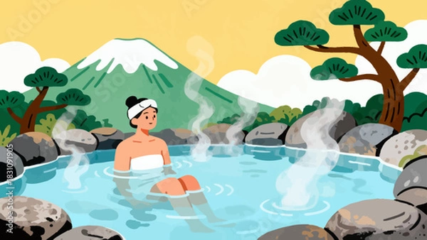 Obraz This serene illustration depicts a woman relaxing in a steaming hot spring (onsen), surrounded by rocks and lush greenery, with a calm, content expression on her face.