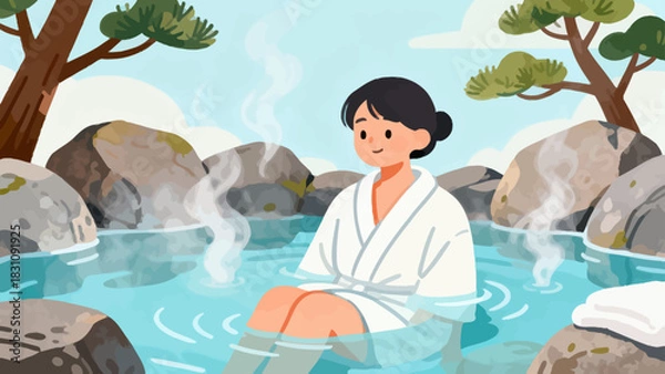 Fototapeta This serene illustration depicts a woman relaxing in a steaming hot spring (onsen), surrounded by rocks and lush greenery, with a calm, content expression on her face.