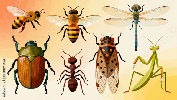Obraz This vibrant illustration displays a diverse collection of colorful insects—including bees, ants, a beetle, dragonfly, mantises, grasshoppers, a fly, and a wasp