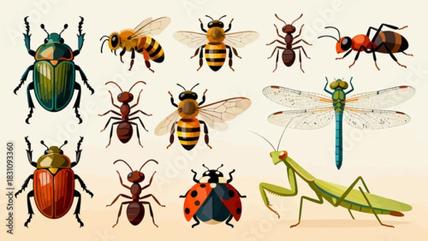 Fototapeta This vibrant illustration displays a diverse collection of colorful insects—including bees, ants, a beetle, dragonfly, mantises, grasshoppers, a fly, and a wasp
