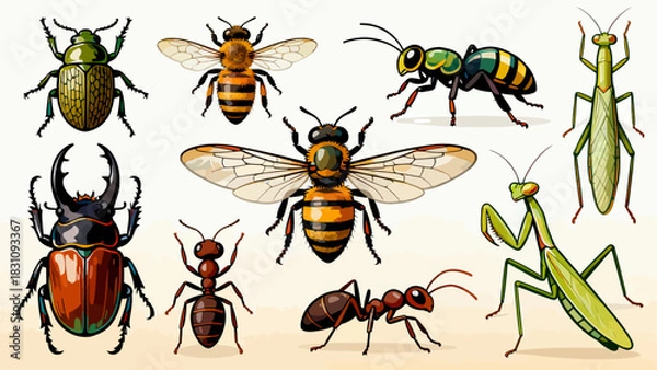 Fototapeta This vibrant illustration displays a diverse collection of colorful insects—including bees, ants, a beetle, dragonfly, mantises, grasshoppers, a fly, and a wasp