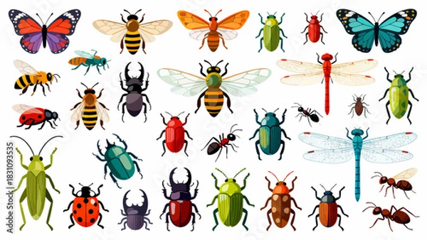 Obraz This vibrant illustration displays a diverse collection of colorful insects—including bees, ants, a beetle, dragonfly, mantises, grasshoppers, a fly, and a wasp